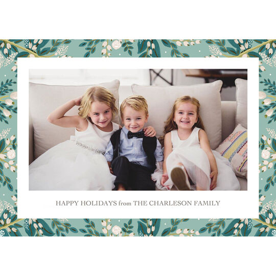 Green Floral Frame Holiday Photo Cards